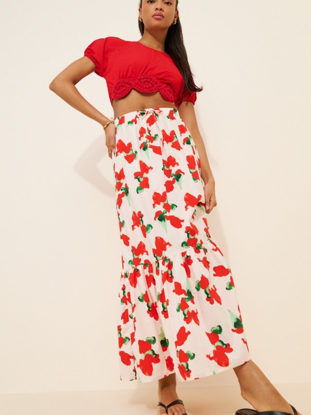 Anthropologie Lulo Project Maxi Skirt Pale Pink w/Red & Green Floral Large - Picture 2 of 4
